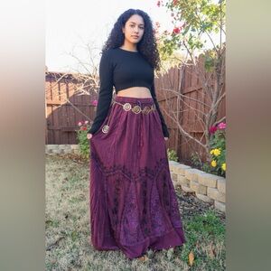 Cottagecore Maroon Maxi Skirt with Embroidery
